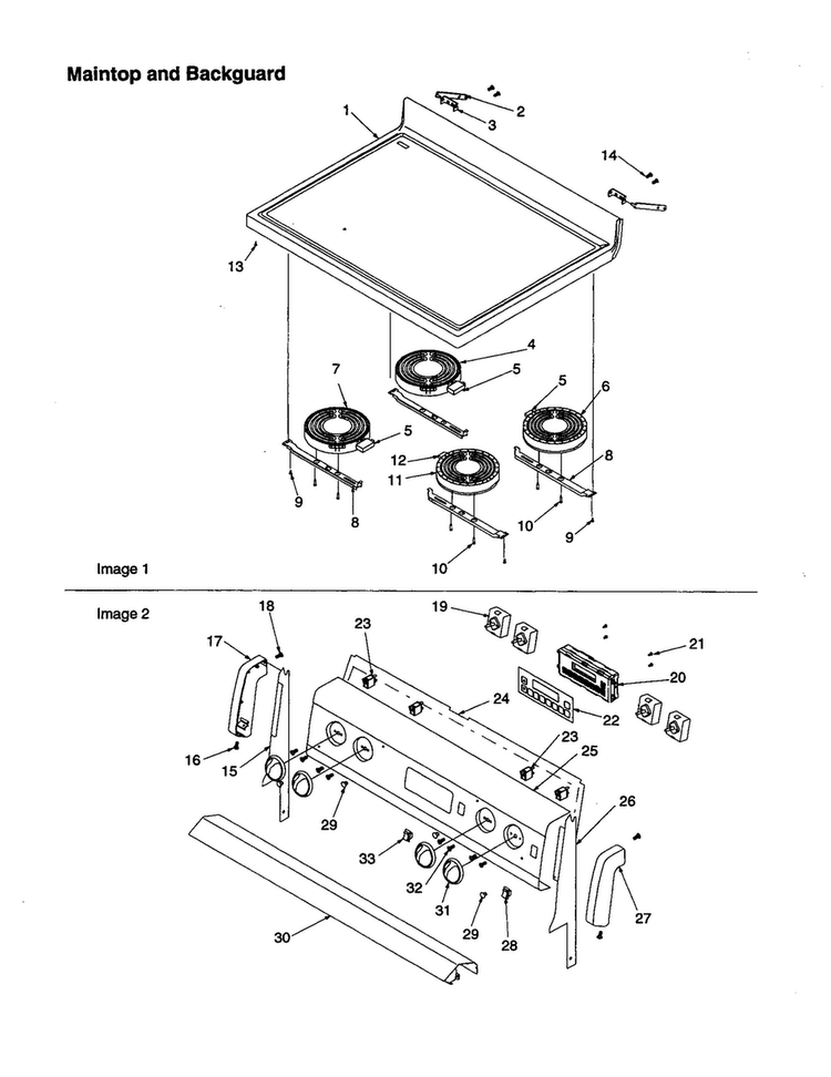 Maintop And Backguard Diagram and Parts List for ART6511E P1143821NE Amana Range