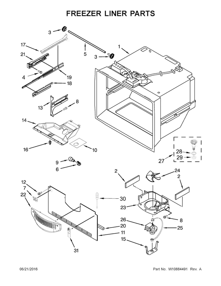 Freezer Liner Parts Diagram and Parts List for MBR1957FEZ00  Maytag Refrigerator