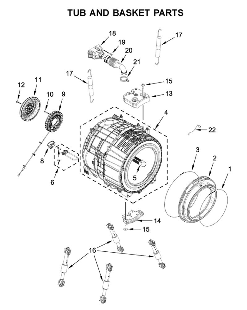 Tub And Basket Parts Diagram and Parts List for 8TMHW6630HW1  Maytag Washer