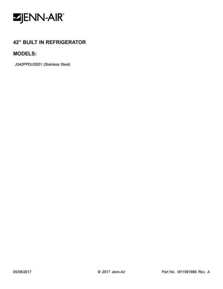 Cover Sheet Diagram and Parts List for JS42PPDUDE01  Jenn-Air Refrigerator