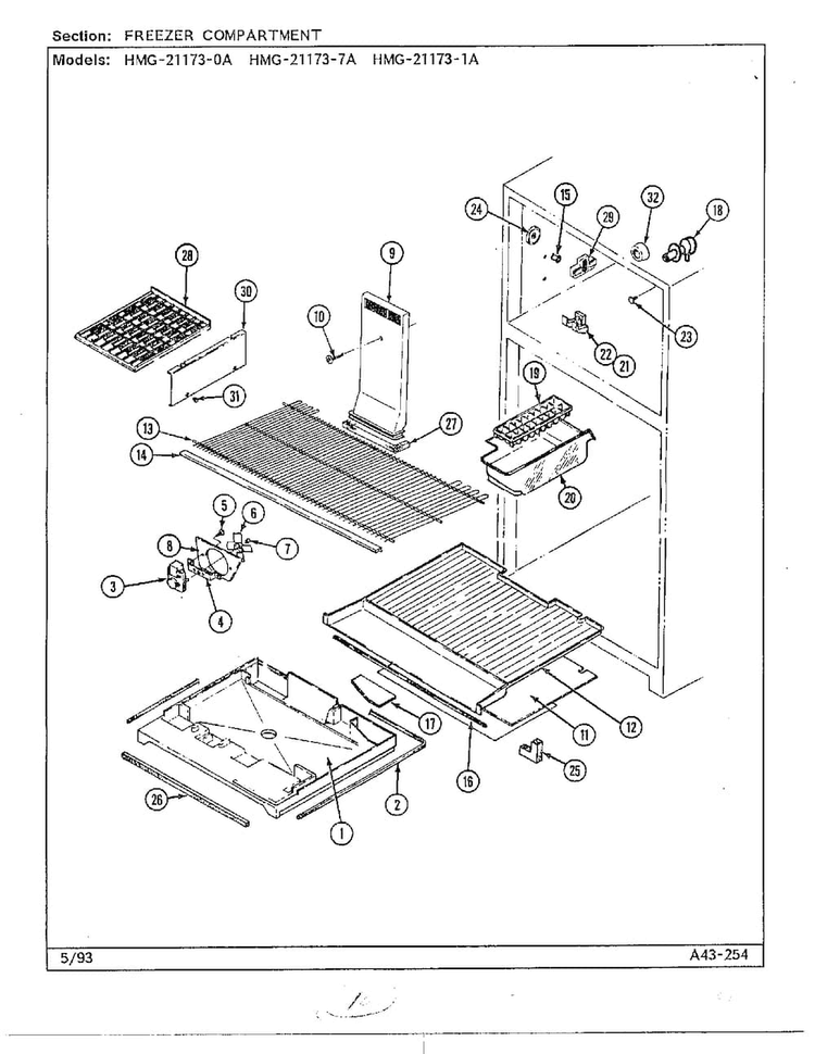 Freezer Compartment Diagram and Parts List for 21173-0A  Admiral Refrigerator