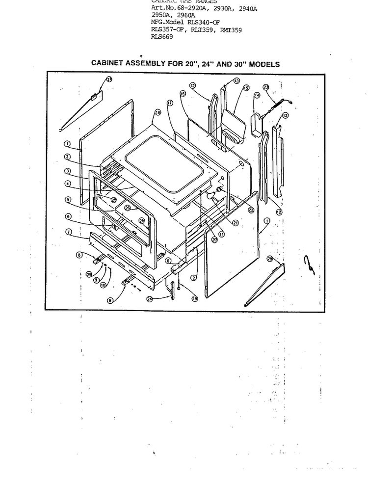 Cabinet Assy For 20", 24" And 30" Models Diagram and Parts List for 2940A  Amana Range