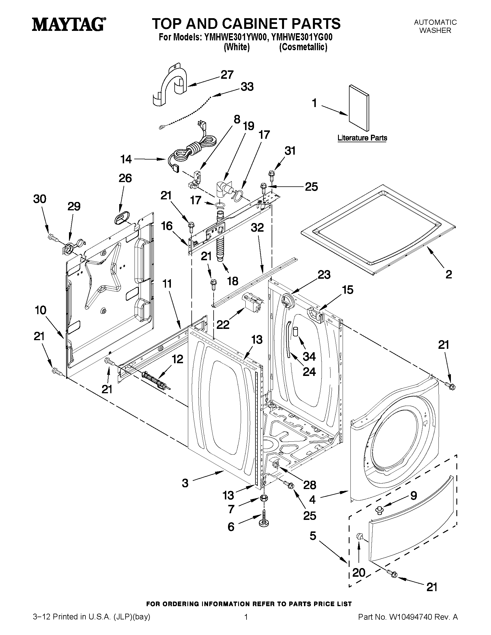 01 - TOP AND CABINET PARTS Diagram and Parts List for YMHWE301YG00  Maytag Washer