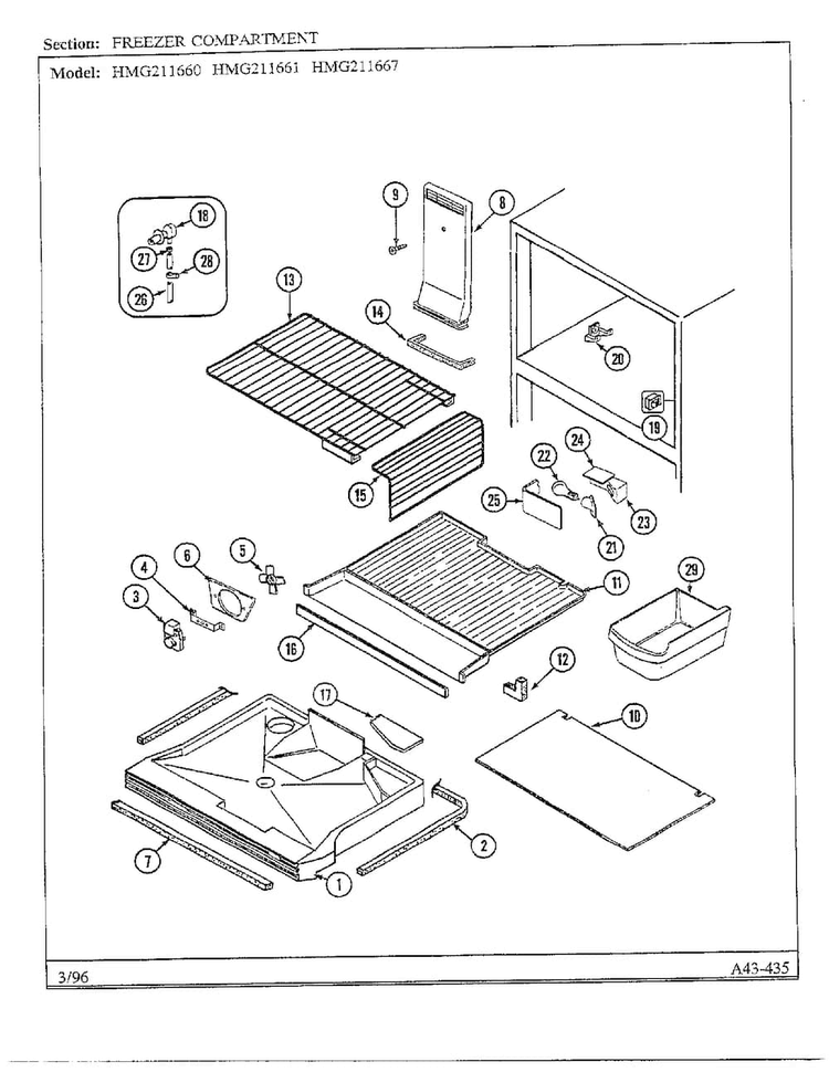 Freezer Compartment Diagram and Parts List for HMG211660  Admiral Refrigerator