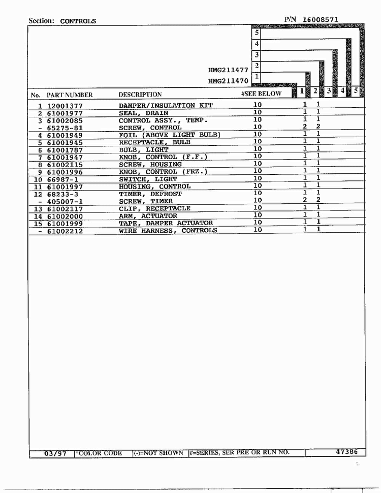 Controls Page 2 Diagram and Parts List for HMG211470  Admiral Refrigerator