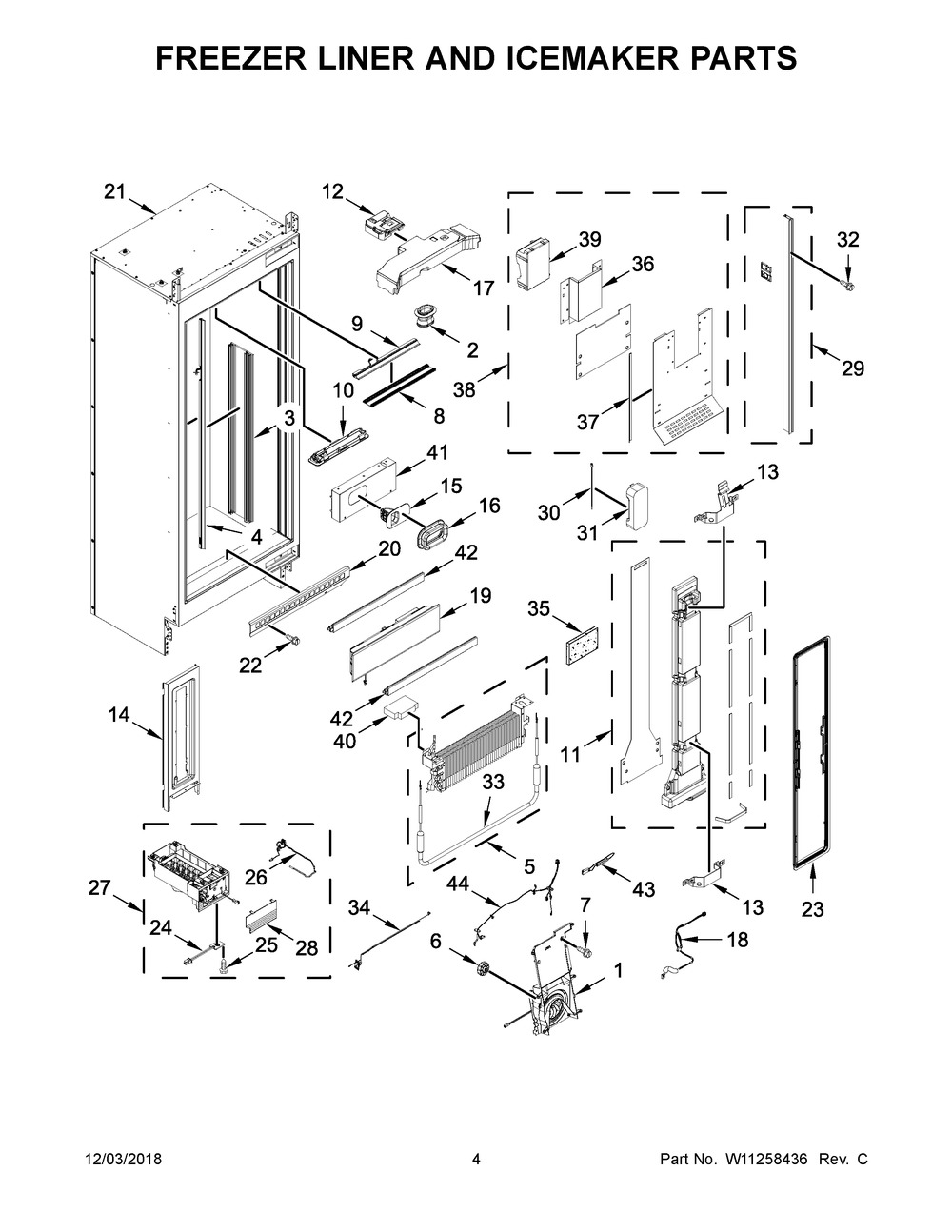 Freezer Liner And Icemaker Parts Diagram and Parts List for JBZFL18IGX00  Maytag Freezer