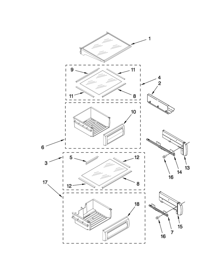 Refrigerator Shelf Parts Diagram and Parts List for JS48CXDUDB00  Jenn-Air Refrigerator