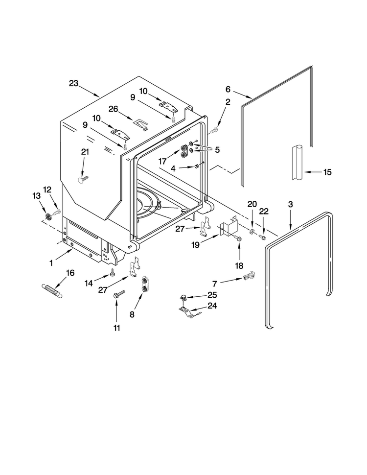 Tub And Frame Parts Diagram and Parts List for JDB3650AWF2  Jenn-Air Dishwasher