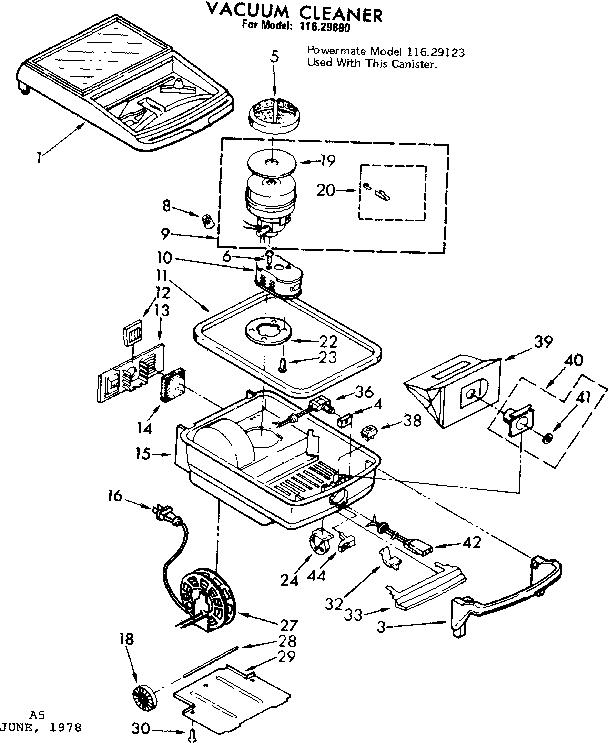 Base Assembly Diagram and Parts List for 11629890  Kenmore Canister Vacuum