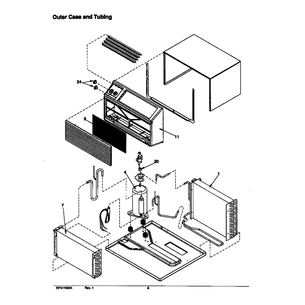 Outer Case And Tubing Diagram and Parts List for TE11085W2A P Amana Air Conditioner