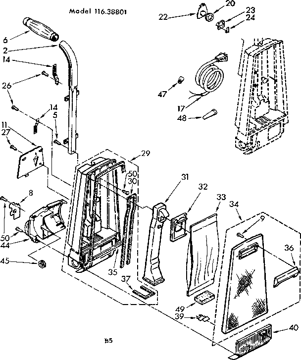 Handle And Bag Housing Diagram and Parts List for 11638801  Kenmore Upright Vacuum