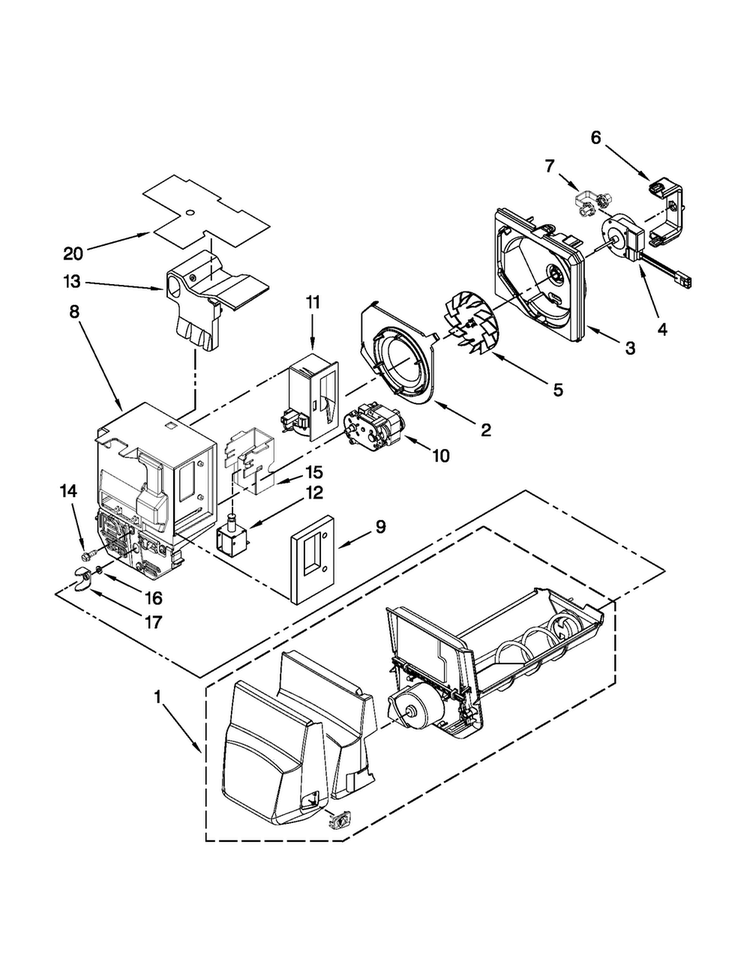 Motor And Ice Container Parts Diagram and Parts List for MFI2665XEM6  Maytag Refrigerator
