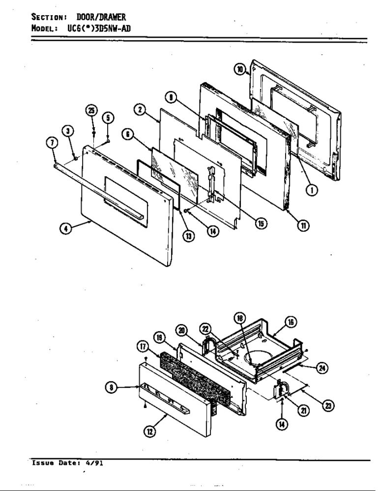 Door/Drawer 1 Diagram and Parts List for UCGW3D5NW-AD  Crosley Range