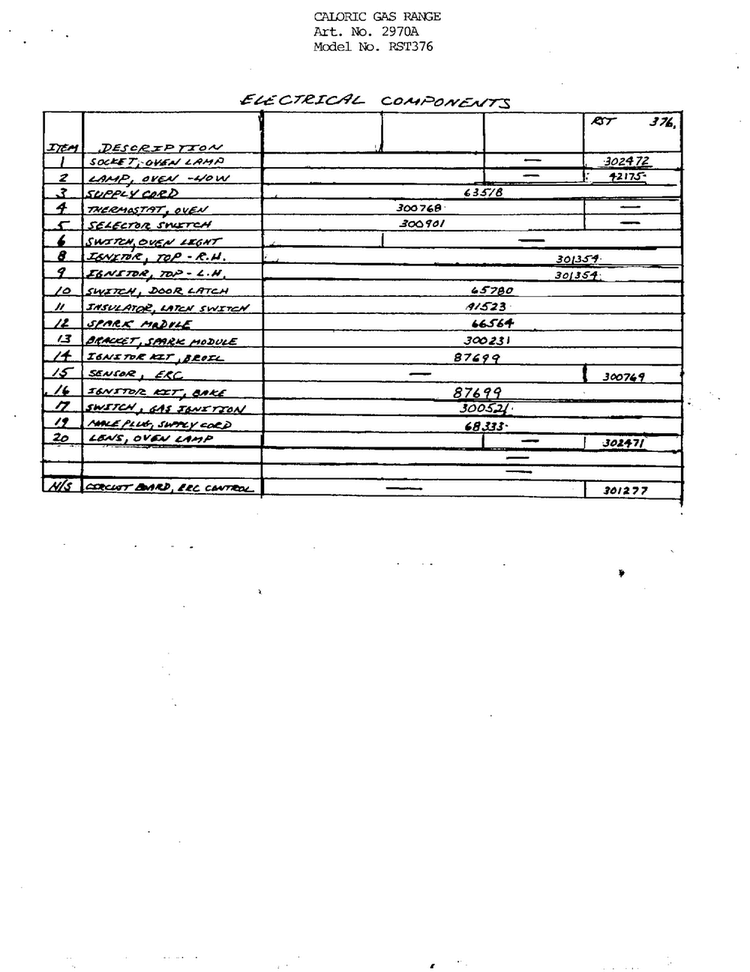 Electrical Components Page 2 Diagram and Parts List for 2970A  Amana Range