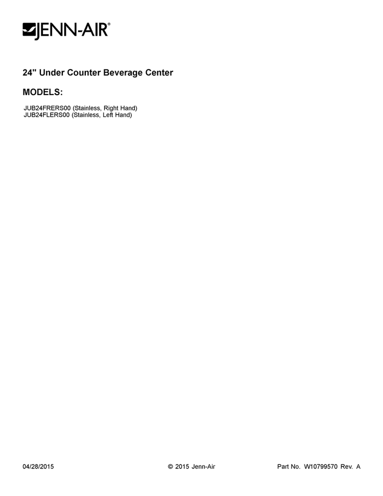 Cover Sheet Diagram and Parts List for JUB24FRERS00  Jenn-Air Wine and Beverage Cooler