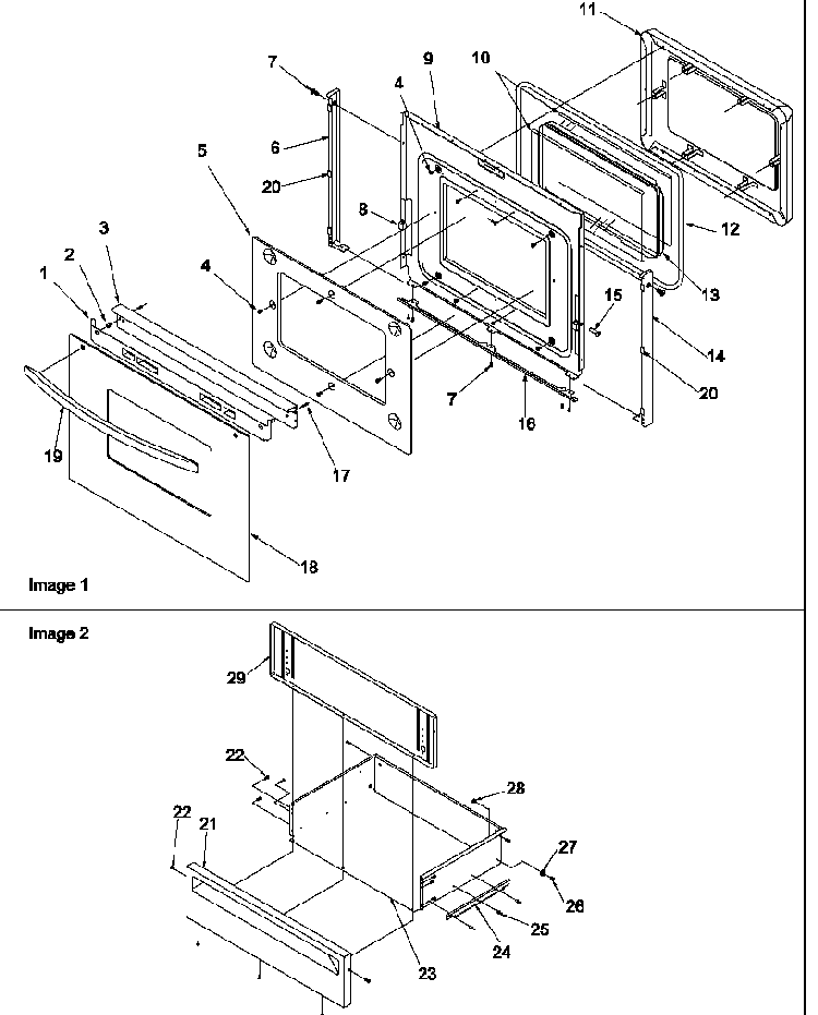 Oven Door And Storage Drawer Diagram and Parts List for ARG7800E-P1143365NE  Amana Range