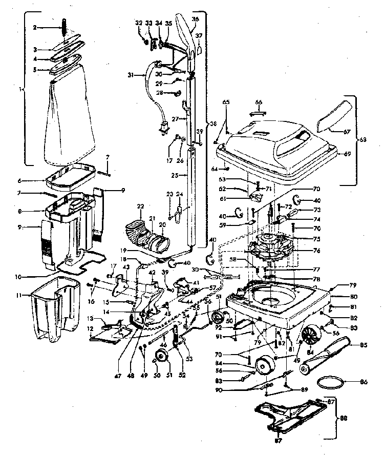 Main Assembly Diagram and Parts List for U4523  Hoover Upright Vacuum