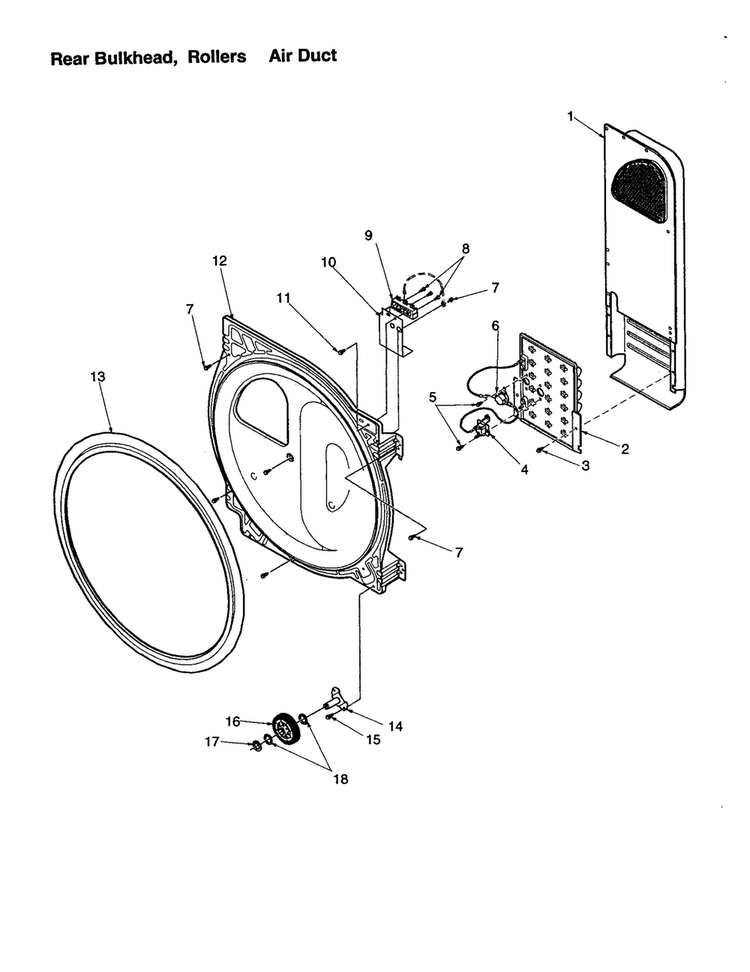 Rear Bulkhead, Rollers/air Duct Diagram and Parts List for DLE330RC-PDLE330RC  Amana Dryer