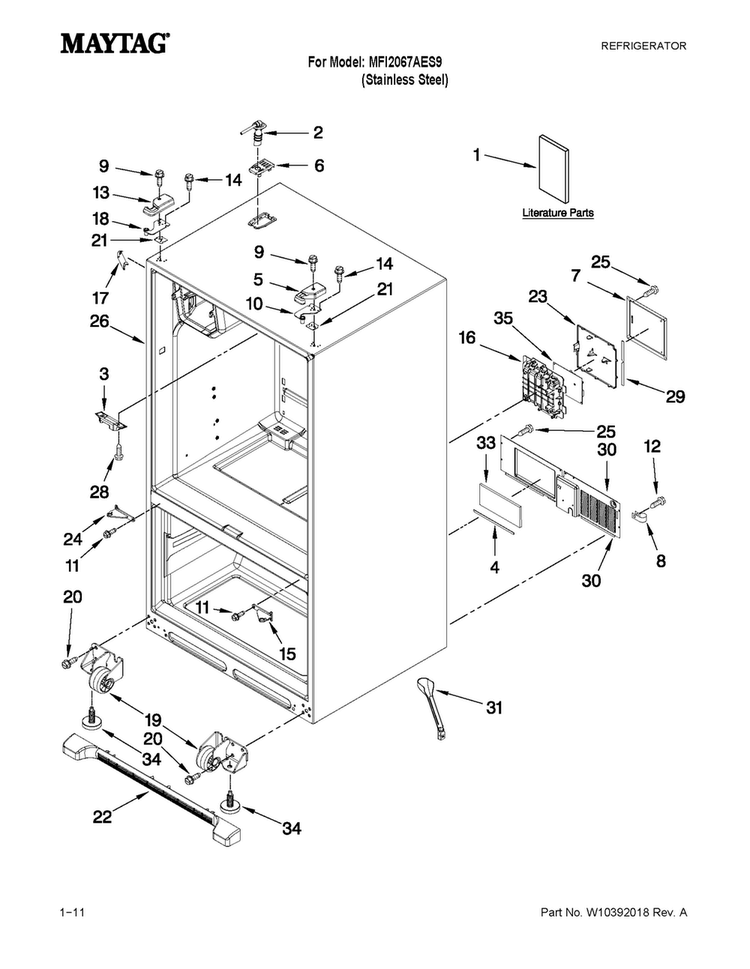 Cabinet Parts Diagram and Parts List for MFI2067AES9  Maytag Refrigerator