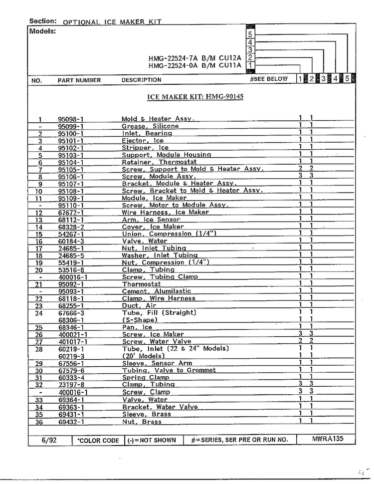 Optional Ice Maker Kit Page 2 Diagram and Parts List for 22524-7A  Admiral Refrigerator