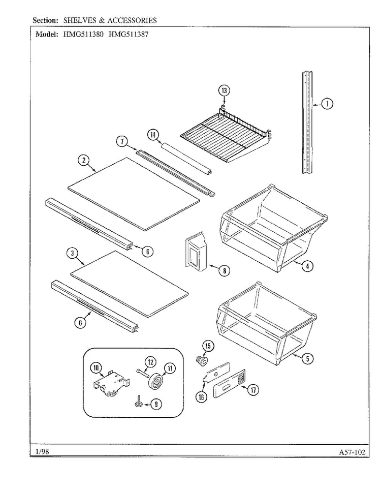Shelves And Accessories Diagram and Parts List for HMG511387  Admiral Refrigerator
