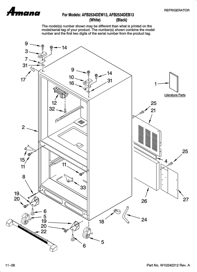 Cabinet Parts Diagram and Parts List for AFB2534DEW13  Amana Refrigerator
