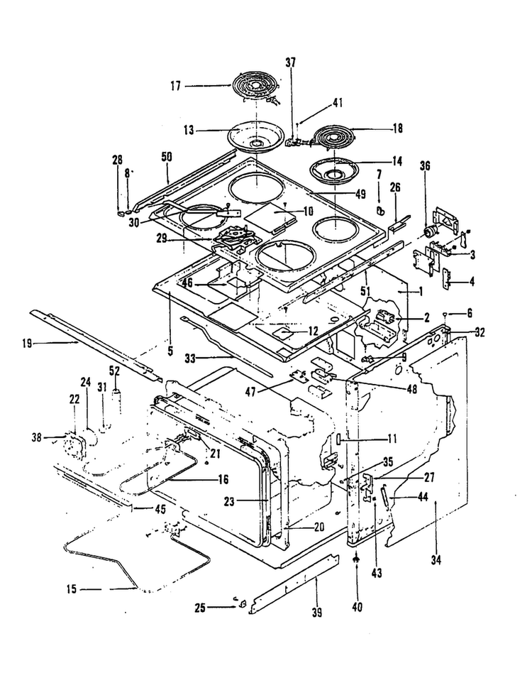 Cooktop Diagram and Parts List for 38EA-2C  Magic Chef Range