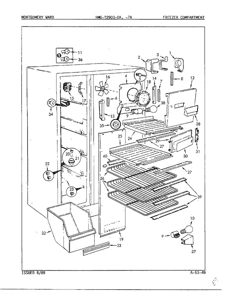 Freezer Compartment Diagram and Parts List for 22903-OA  Admiral Refrigerator