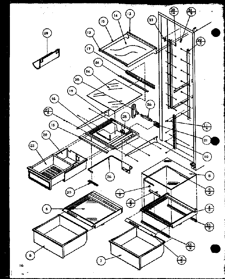 Refrigerator Shelving And Drawers Diagram and Parts List for SXD19MW-P1121402WW  Amana Refrigerator