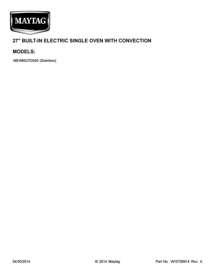 Cover Sheet Diagram and Parts List for MEW9527DS00  Maytag Wall Oven