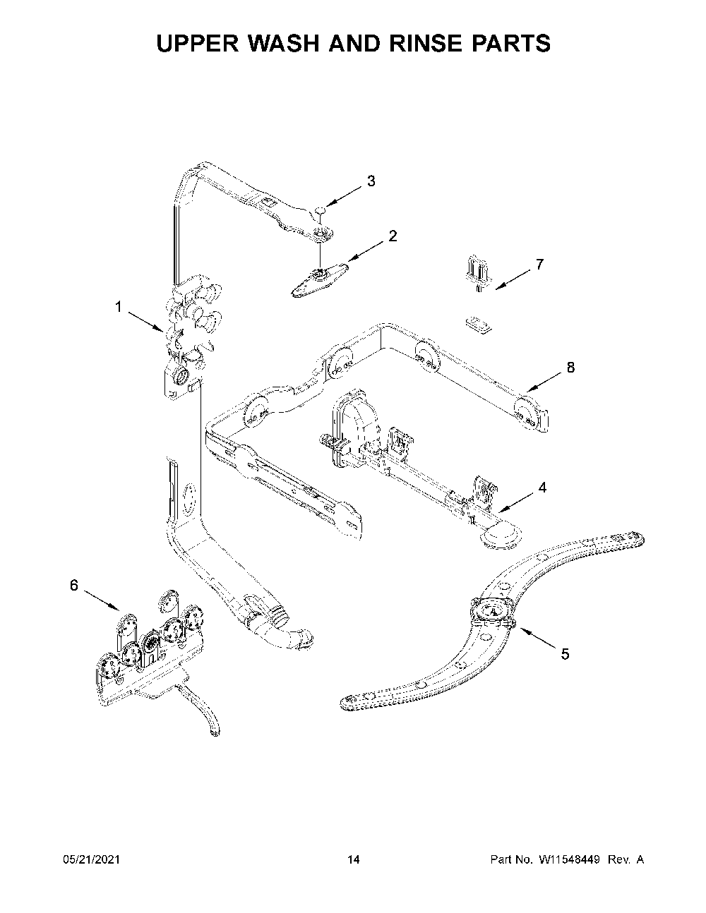 Upper Wash And Rinse Parts Diagram and Parts List for 66514793N513  Kenmore Dishwasher