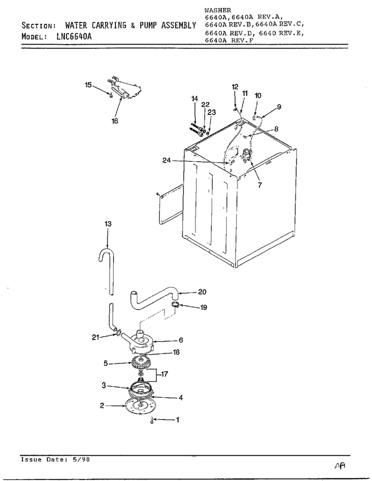Water Carrying And Pump Assembly Diagram and Parts List for 6640A  Norge Washer