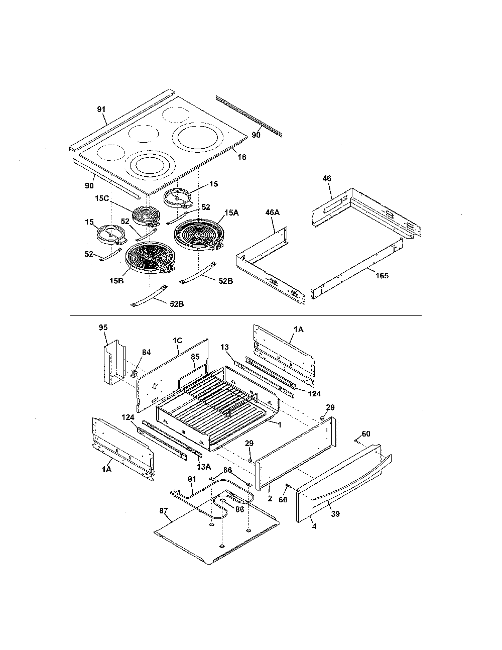 Top/Drawer Diagram and Parts List for 79042559310  Kenmore Range