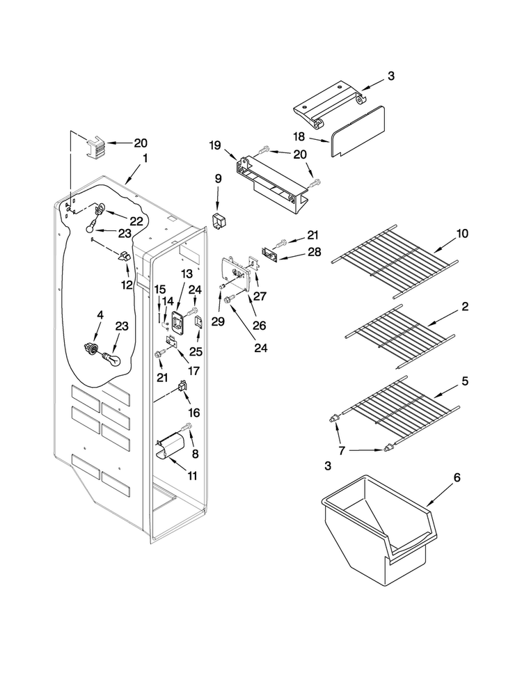 Freezer Liner Parts Diagram and Parts List for MSD2550VEU01  Maytag Refrigerator
