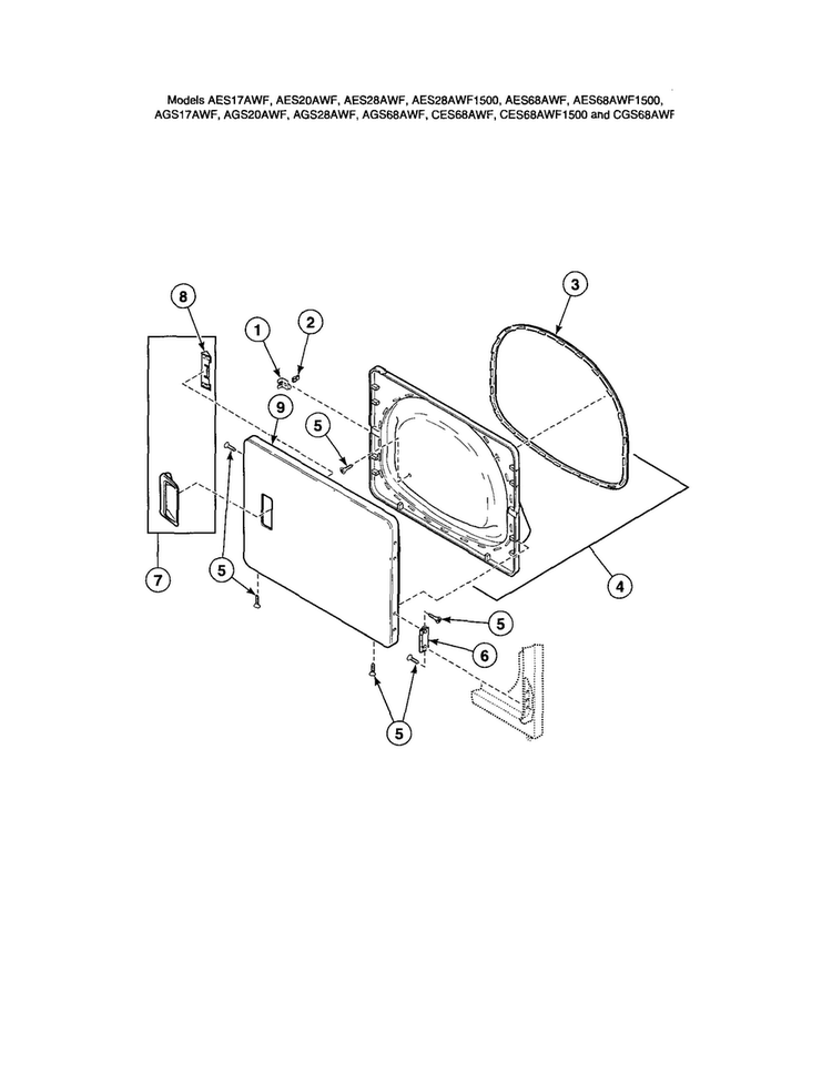 Loading Door-without Window Diagram and Parts List for AGS20AWF  Speed Queen Dryer