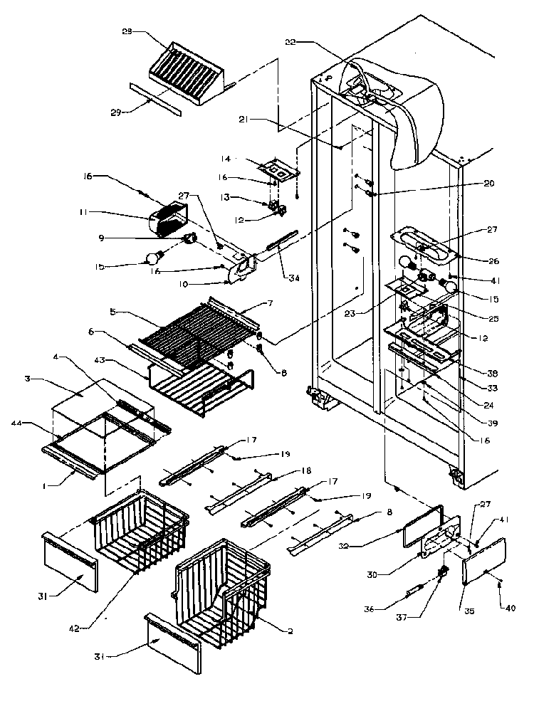 Freezer Shelving & Refrigerator Light Diagram and Parts List for SBI20QE-P1162905WE  Amana Refrigerator