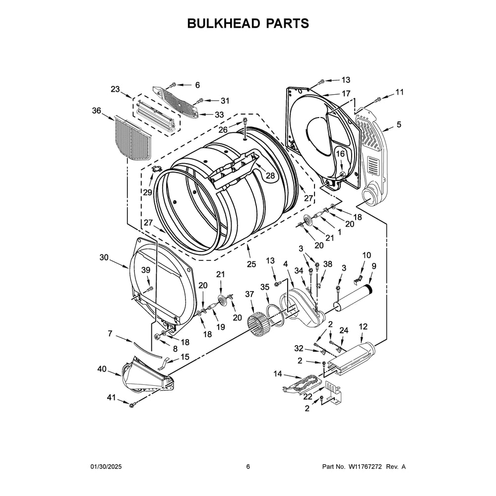 Bulkhead Parts Diagram and Parts List for MDE20PDFYW0  Maytag Dryer