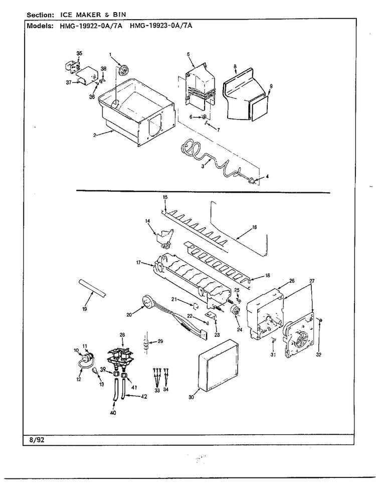Ice Maker & Bin Diagram and Parts List for 19922-7A  Admiral Refrigerator