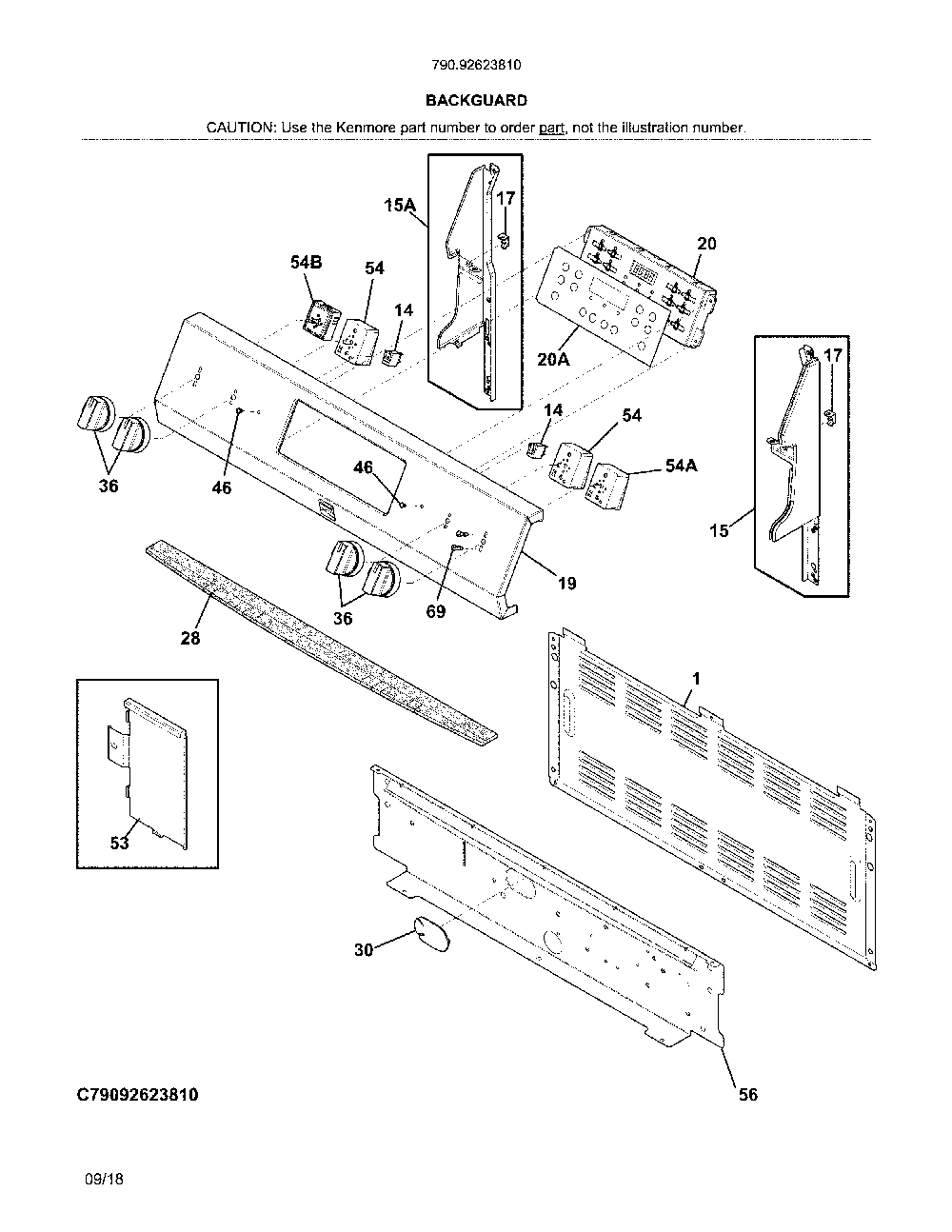 Backguard Diagram and Parts List for 79092623810  Kenmore Range
