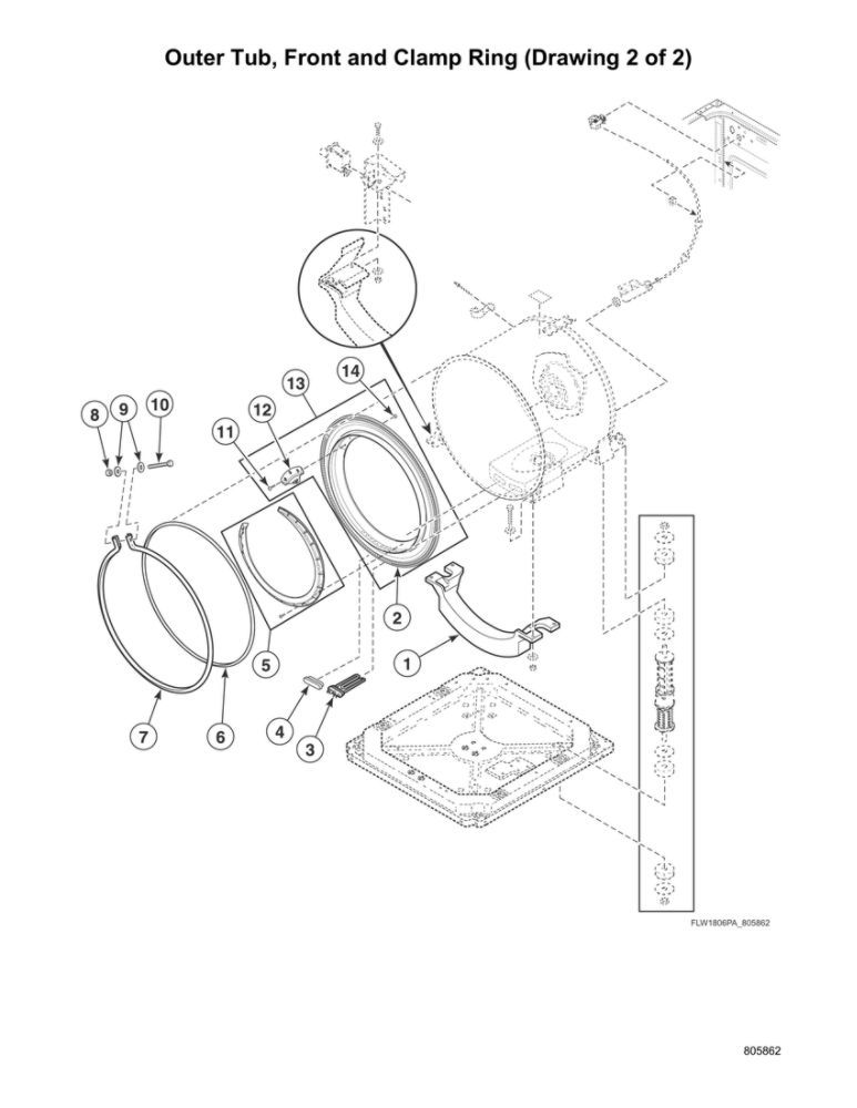 Outer Tub/Front/Clamp Ring 2 Diagram and Parts List for LFNE5BSP115TW01  Speed Queen Washer