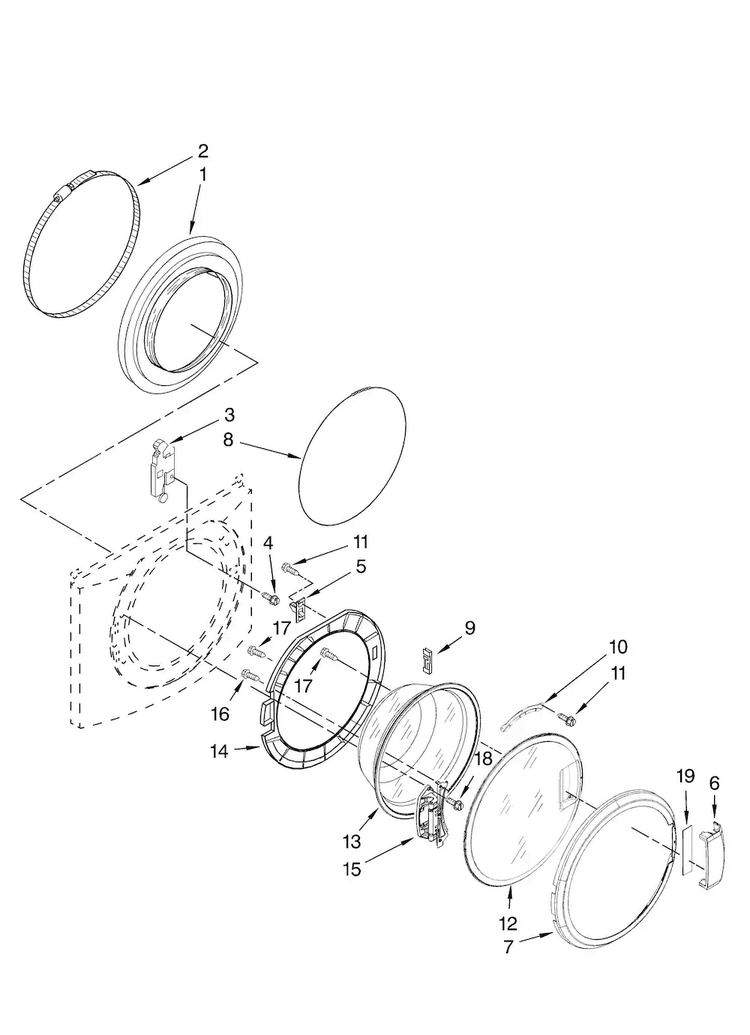 Door And Latch Parts Diagram and Parts List for MHWZ400TB02  Maytag Washer
