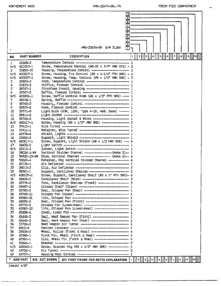 Fresh Food Compartment Assembly Page 2 Diagram and Parts List for 22474A  Admiral Refrigerator