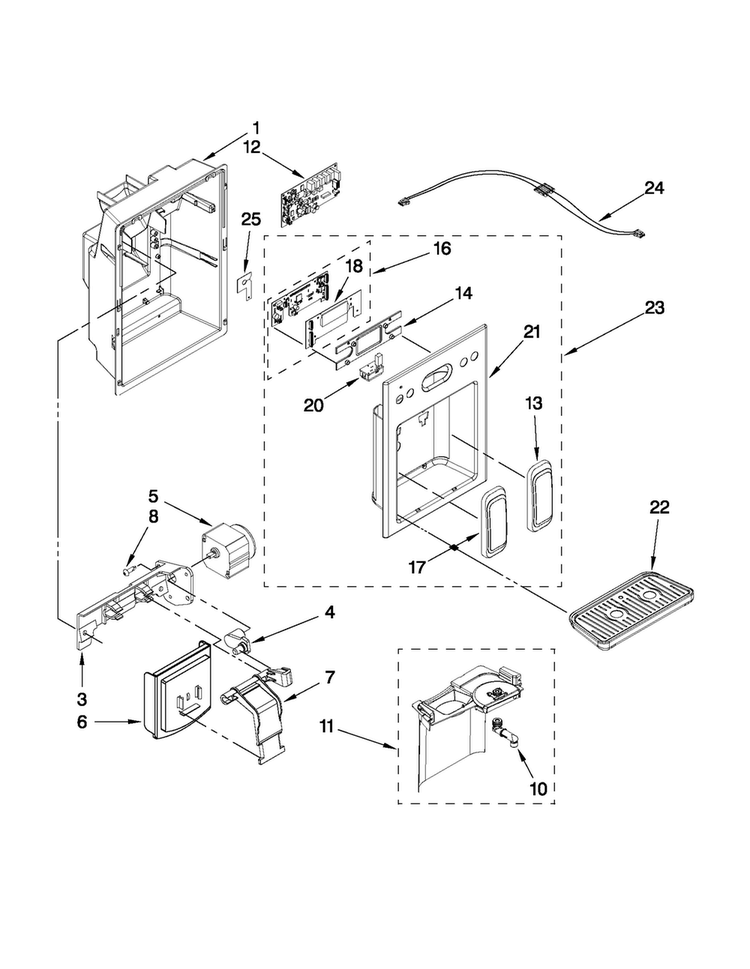 Dispenser Front Parts Diagram and Parts List for JCD2595WES00  Jenn-Air Refrigerator