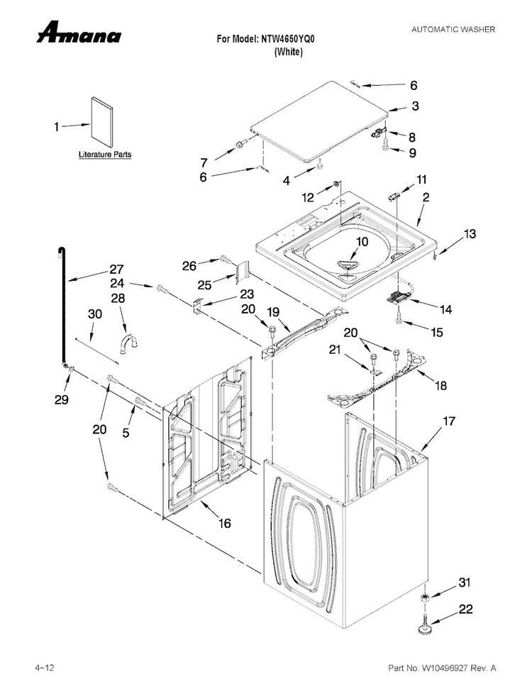 Top And Cabinet Parts Diagram and Parts List for NTW4650YQ0  Amana Washer