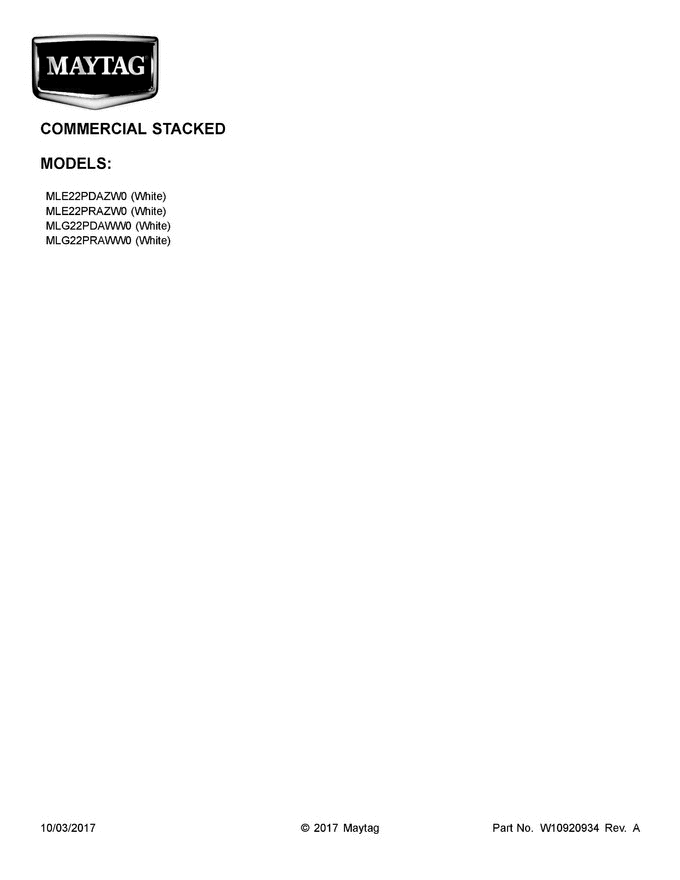 01 - Cover Sheet Diagram and Parts List for MLG22PRAWW0  Maytag Washer Dryer Combo