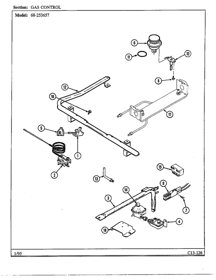 Gas Controls Diagram and Parts List for 68-253657  Magic Chef Range