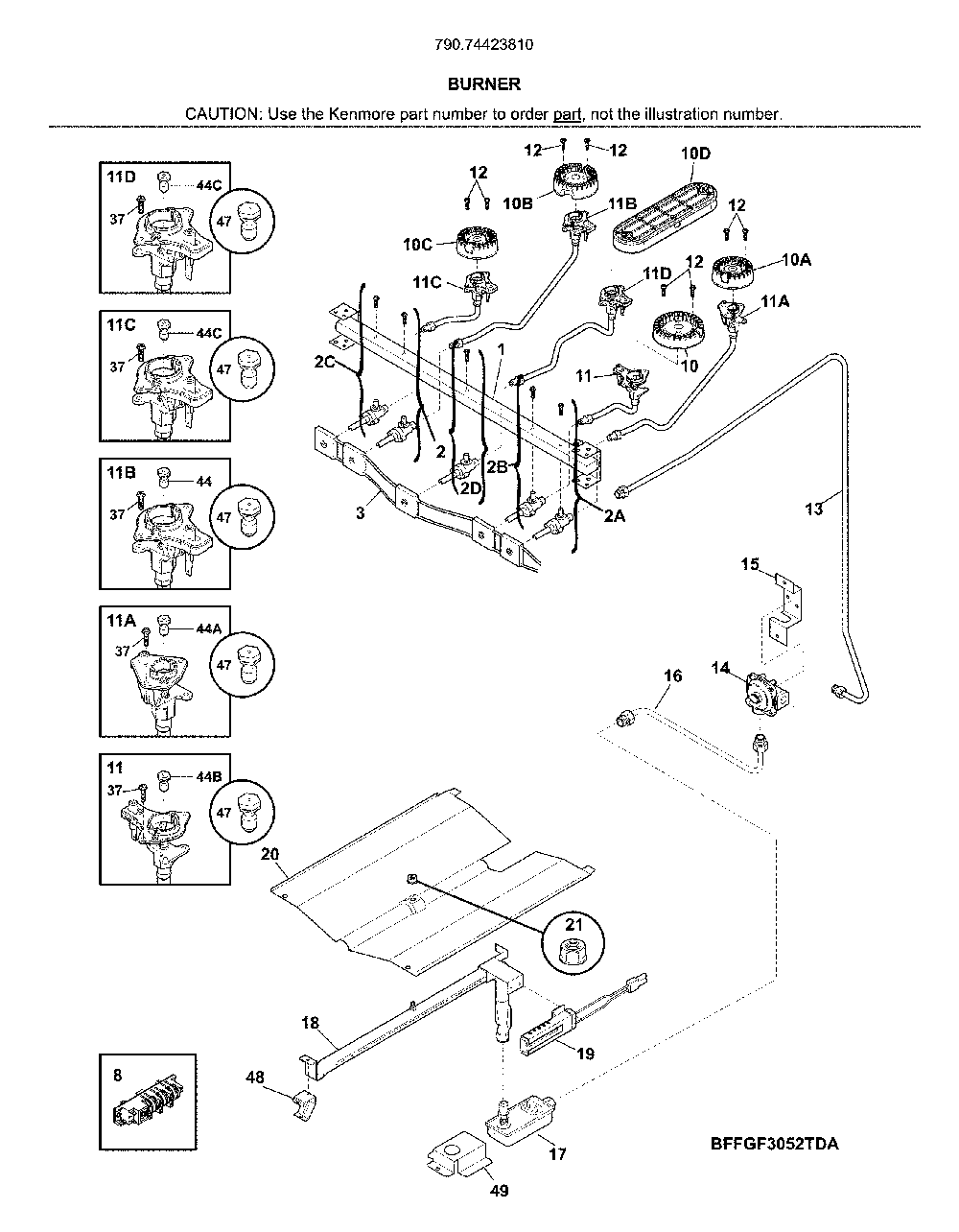 Burner Diagram and Parts List for 79074423810  Kenmore Range