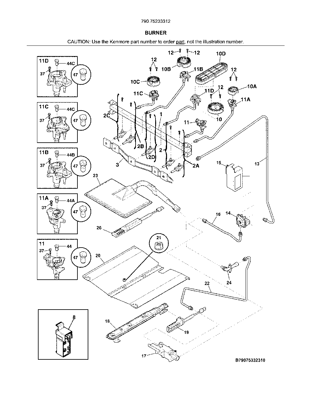 Burner Diagram and Parts List for 79075233312  Kenmore Range
