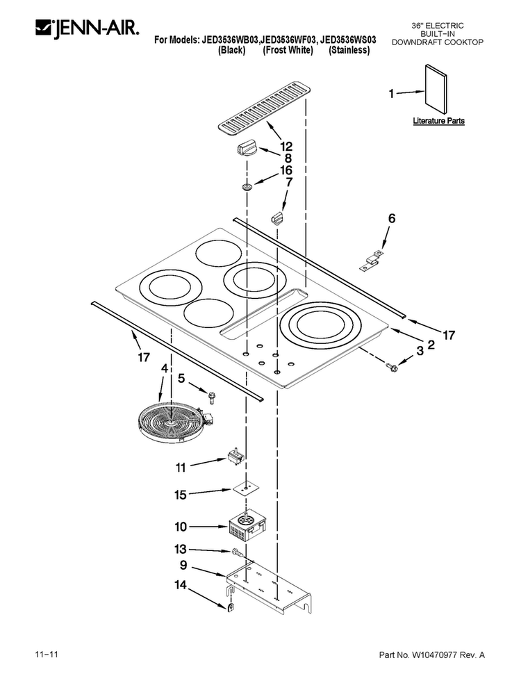 Cooktop Parts Diagram and Parts List for JED3536WS03  Jenn-Air Cooktop