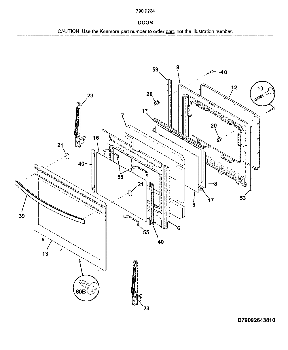 Door Diagram and Parts List for 79092643810  Kenmore Range